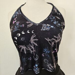 Black Halter Top with Bat and Moon Design